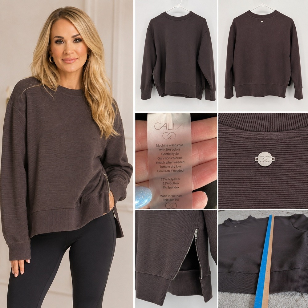 CALIA by Carrie Underwood Brown Rib Knit Side Zip Sweatshirt Medium